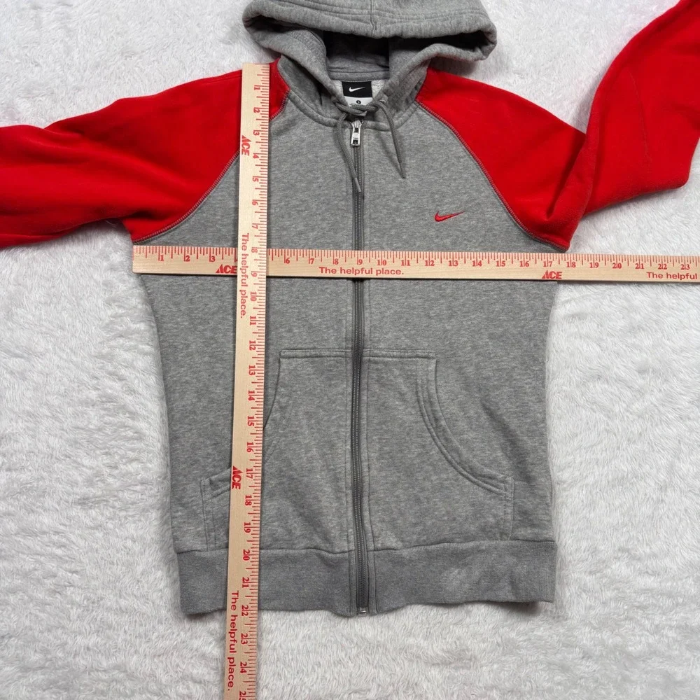Y2K Nike Full Zip Hoodie Women S (FIT XS) Grey Red Colorblock Raglan Fleece Logo